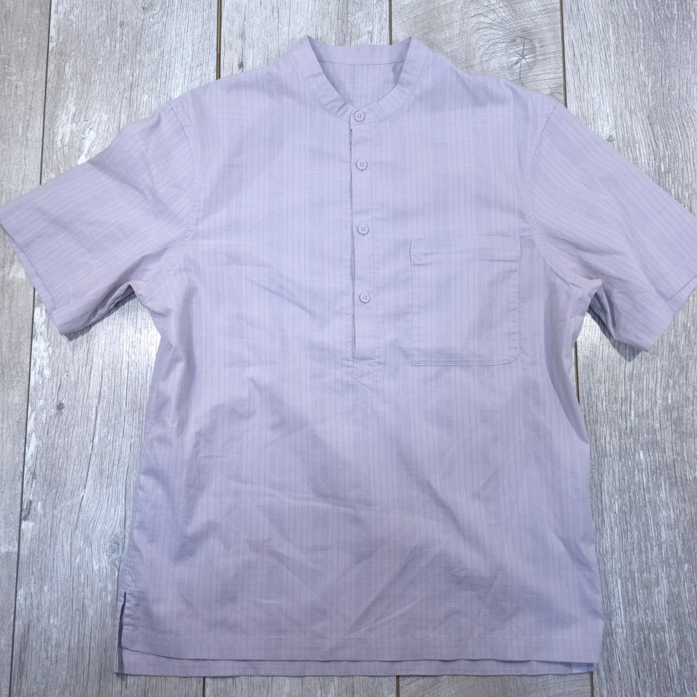 Lululemon Down To The Wire Henley Shirt Men Medium Ice Iris Short Sleeve Grid